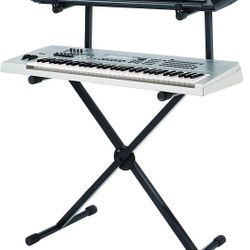 MIYAKO 2 Tier Double X Keyboard Stand with Adjustable Height - Portable Two-Tier Stand with Locking Straps