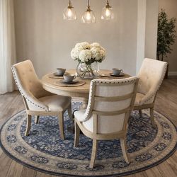 Dining Table + 4 Chairs + Rug – Like New (Living Spaces)