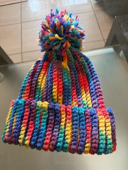 Rainbow hand knit hat beanie