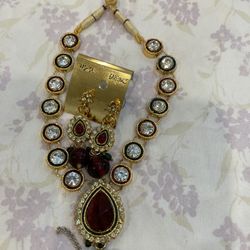 Indian Large Red Gold Kundan Jewelry Pendant Set
