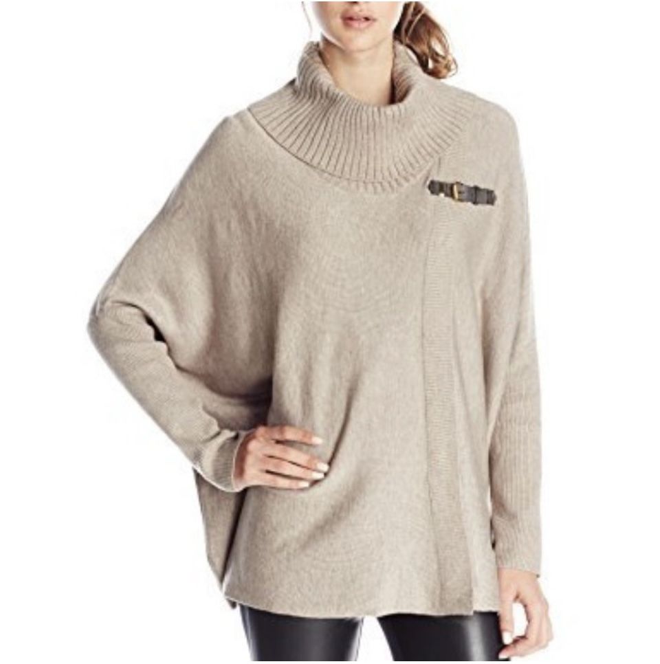 Calvin Klein Cowl Neck Poncho Sweater Women’s Size Medium Long Sleeve Tan Knit 