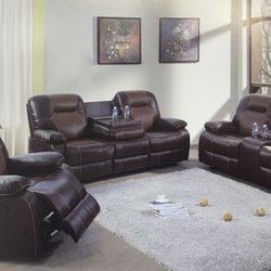 Brown Leather Fully Reclining Three Piece Couch Set 