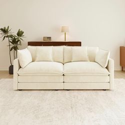 76.7” Oversized Beige White Loveseat Sofa, 2 Seater Large Sectional Couches for Living Room, Chenille Fabric Modular Sectional Sofa, Deep Seat Home So