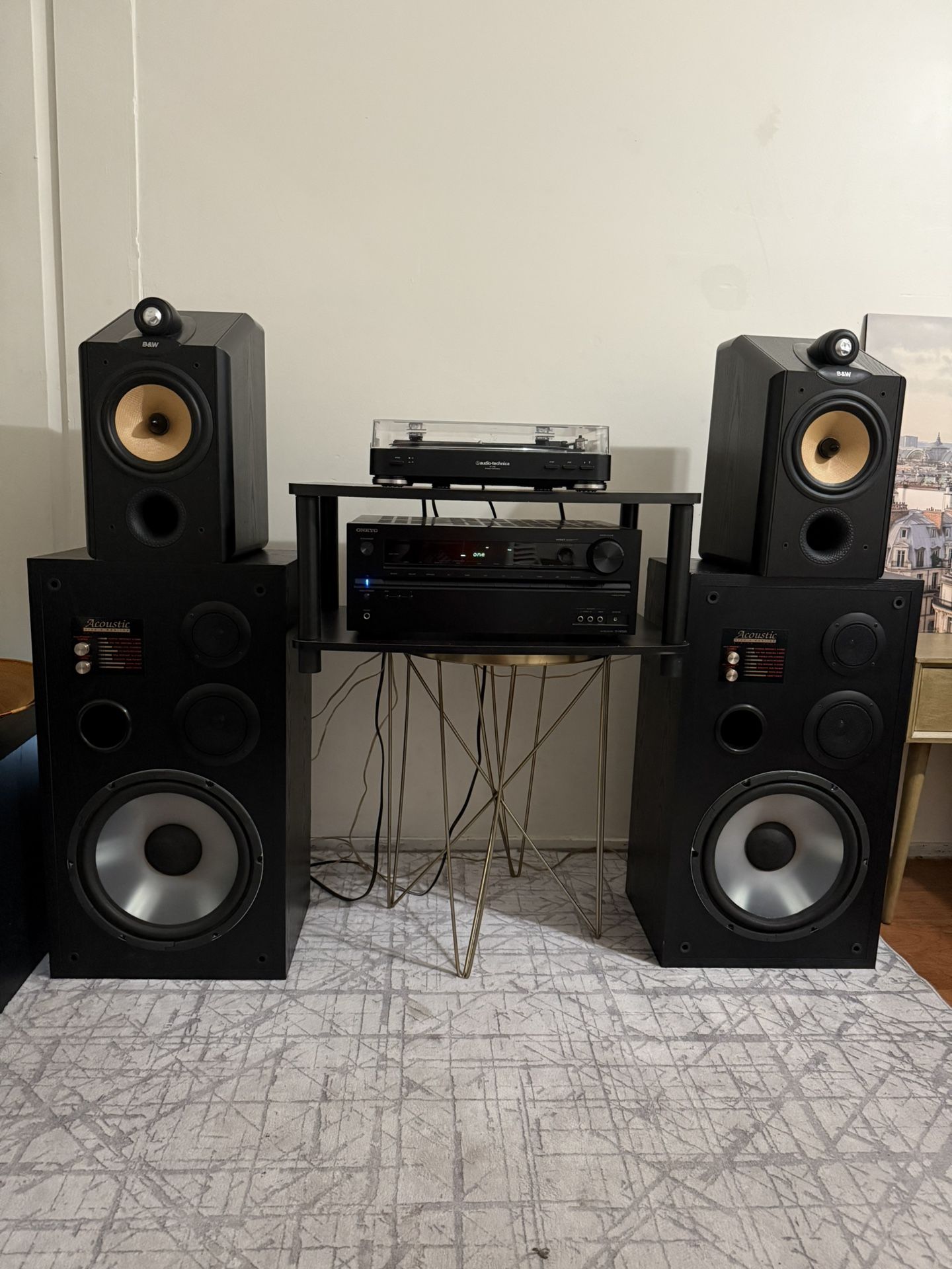 Home Stereo Surround Sound System - Onkyo AV Receiver - B&W Bookshelf Speakers - Acoustic Studio Monitor Speakers - Technics Vinyl Record Player