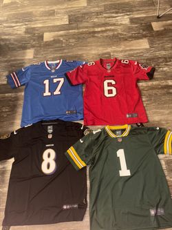 Assorted Football Jerseys (sizes Below) Lamar Jackson Baker Mayfield, Josh Allen, Micah Parsons