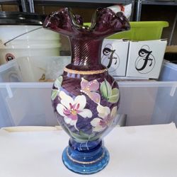 Purple Fenton Glass Vase with Hand Painted Flowers
