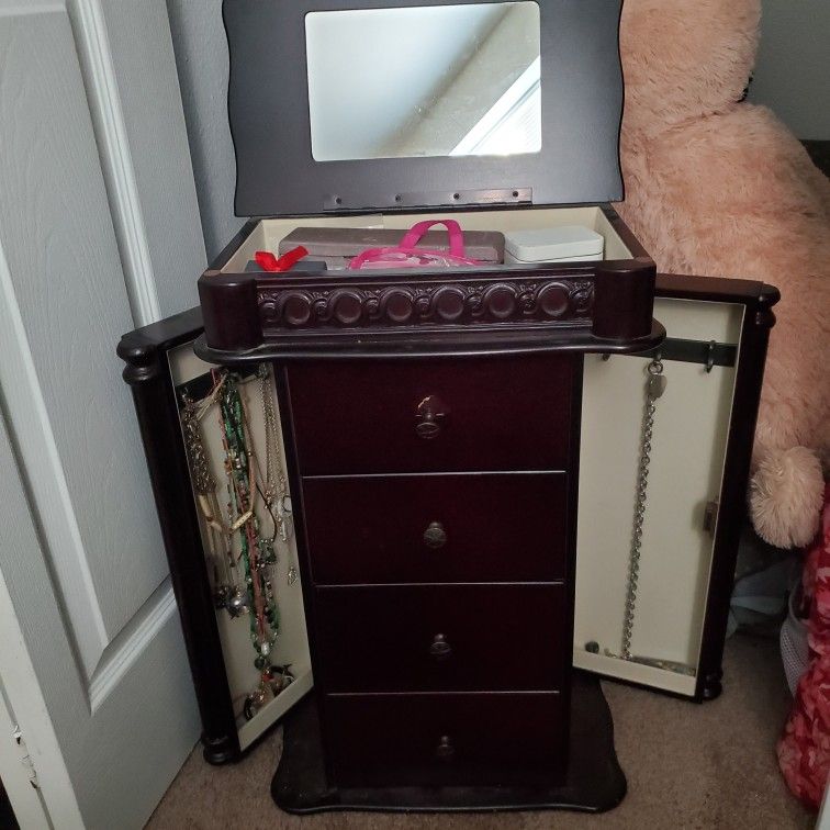Dark Cherry Wood Jewelry Box Large W Mirror