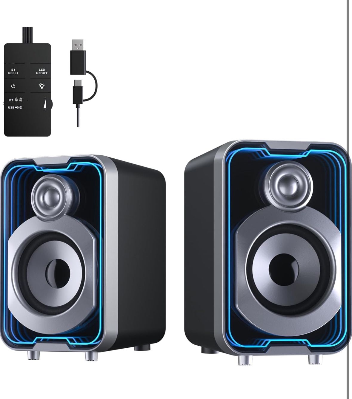 Computer Speakers, 10W USB-Powered Bluetooth Wired PC Speakers with Easy-Control Pod for Desktop, Tiny Desk Soundbar with 5 Mirror-Like LED Light Mode