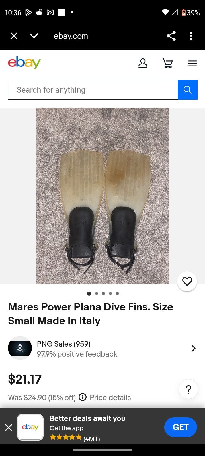 Mares Power Plana Dive Fins. Size Small Made In Italy