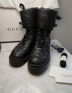 Authentic Gucci Marmont Matelassé Combat Boots 8.5 Black Leather