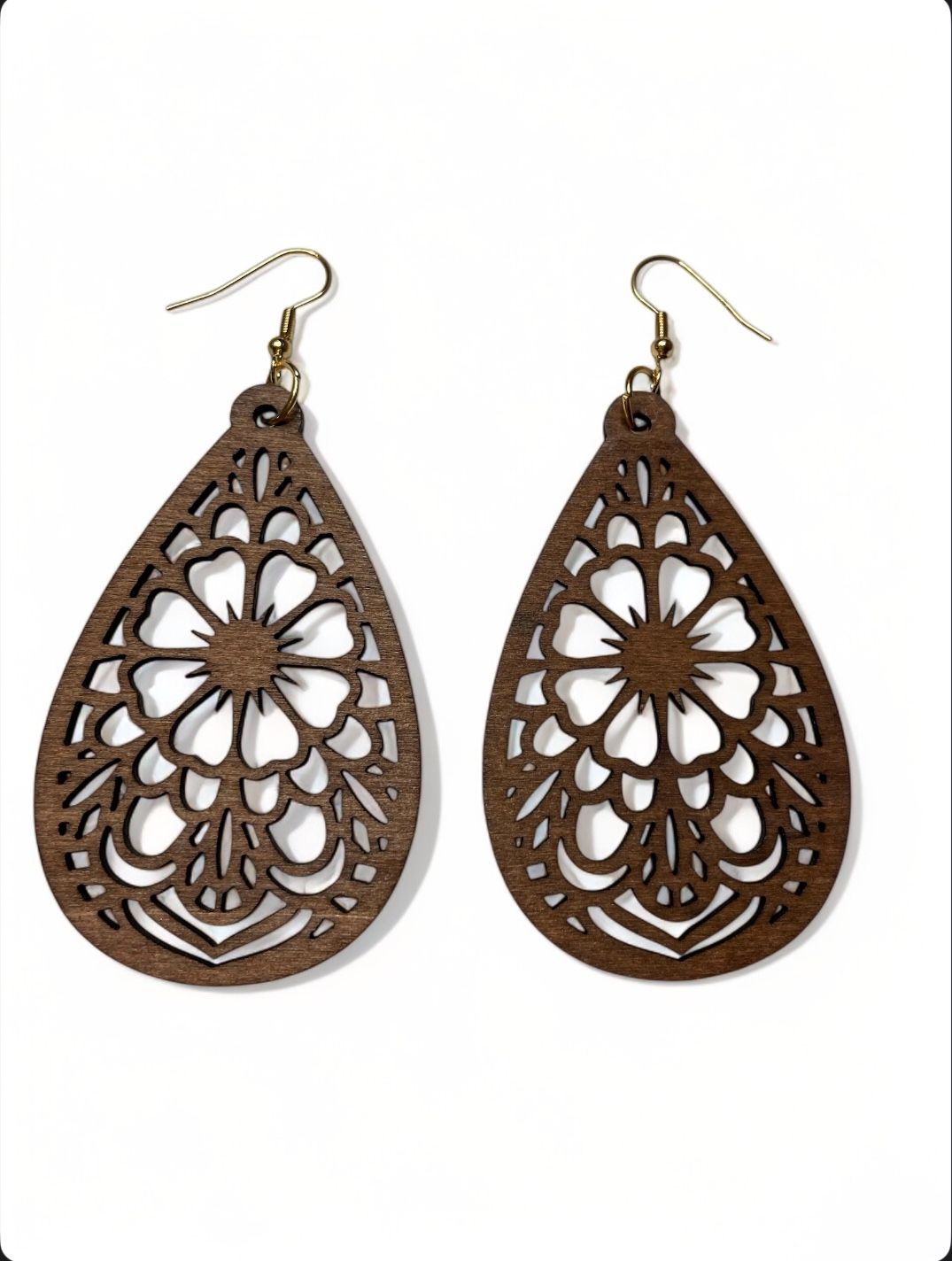 Filigree Earrings Boho Wooden Teardrop Dangle Drop 3.5 inch