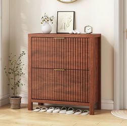 Red Walnut Fluted Shoe Cabinet Storage