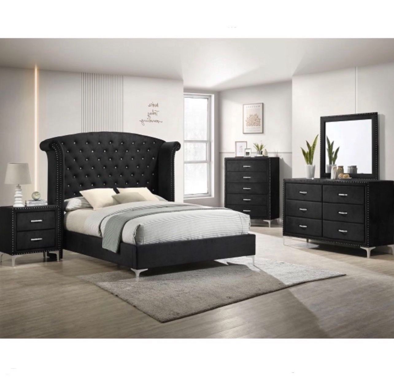 Bedroom set 4pc Queen including  Q Bed Frame Dresser Mirror one Nightstand  Not including mattress and box spring 