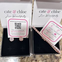 Cate & Chloe 18k Rose Gold Plated Halo Stud Earrings & Olivia 18k Rose Gold Plated Tennis Bracelet