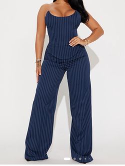 Navy Pinstripe jumpsuit Wide-Leg Pants Set