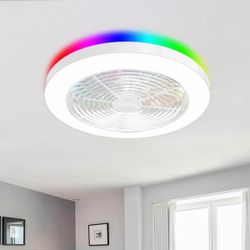 19.7 in. Smart Indoor White Low Profile RGB Alexa Google Assistant Flush Mount Ceiling Fan Light with LED with Remote