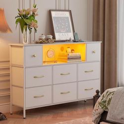 White Dresser With Fabric Drawers. Led Lights