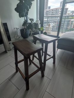 Set of 2 Rustic Wooden Saddle Stools – Warm Brown Finish