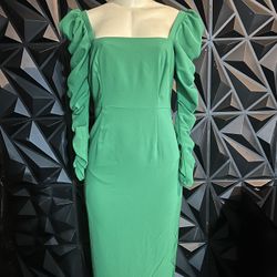 Emerald Green Puff-Sleeve Midi Bodycon Dress 
