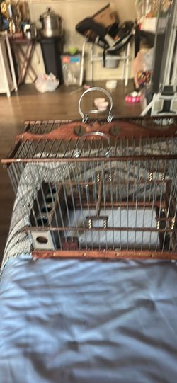 Cage for birds vintage wooden dimensions height 11” wide 13” has a tray