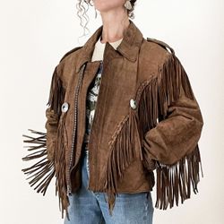 WILSONS OPEN ROAD Vintage 90s Brown Leather Western Biker Concho Fringe Jacket