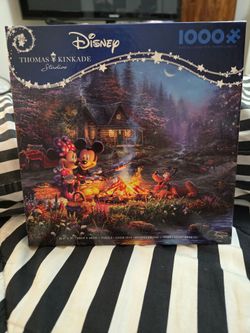 NEW! Thomas Kinkade Disney's Mickey and Minnie Puzzle, titled "Mickey and Minnie Sweetheart Campfire"- 1000 Pieces.