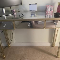 3 Drawer Mirrored Desk With Gold Trim 