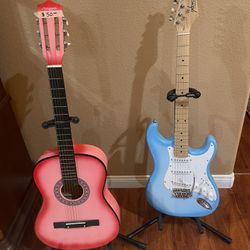 Acoustic & Electric Guitars with Stands & Cases