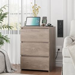  3 Drawers Nightstand with Charging Station, Side Table with Storage for Living Room, Bedside Nightstand for Bedroom, Wash Gray