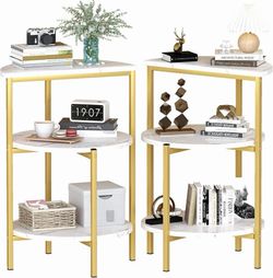 Marble Side End Table Set, 3-Tier Sofa Side Table, Small Round Coffee, Table Bedside Table of 2, Corner Table w/Metal Frame for Living Room Bedroom, W