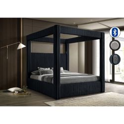 NEW Black King Size Platform Canopy Bed Frame With Bluetooth  Speakers & USBFinance $54
