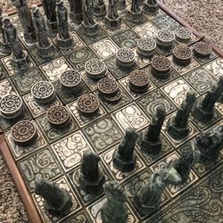 Vintage Folding Mayan Aztec Vs Spanish Conquistadors Chess/Bacgammon Set 