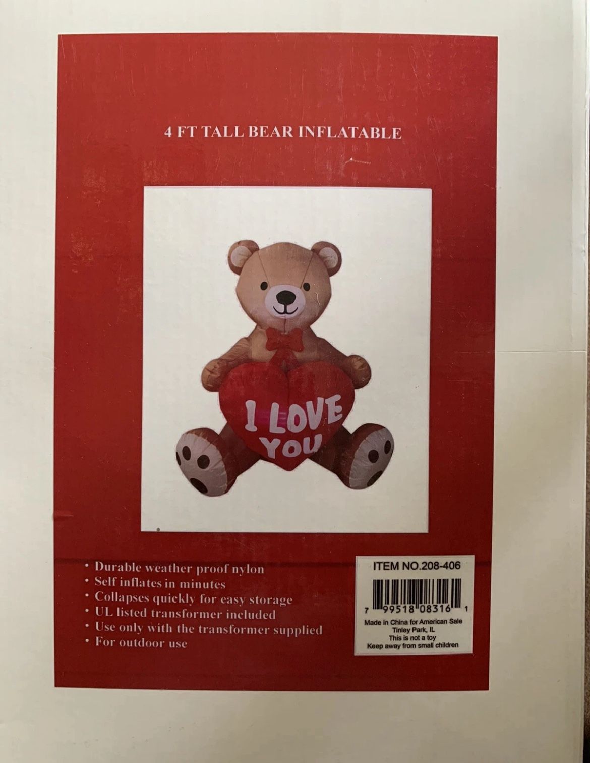 Valentines Day 4' AIR INFLATABLE TEDDY BEAR WITH LOVE HEART YARD DECORATION