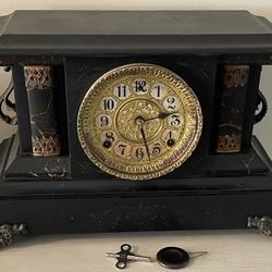 Antique William Gilbert 8 Day Mechanical Black Mantle Shelf Gong Chime Clock