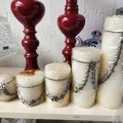 2 Candel Stands And 5 Unopened Big Candles 