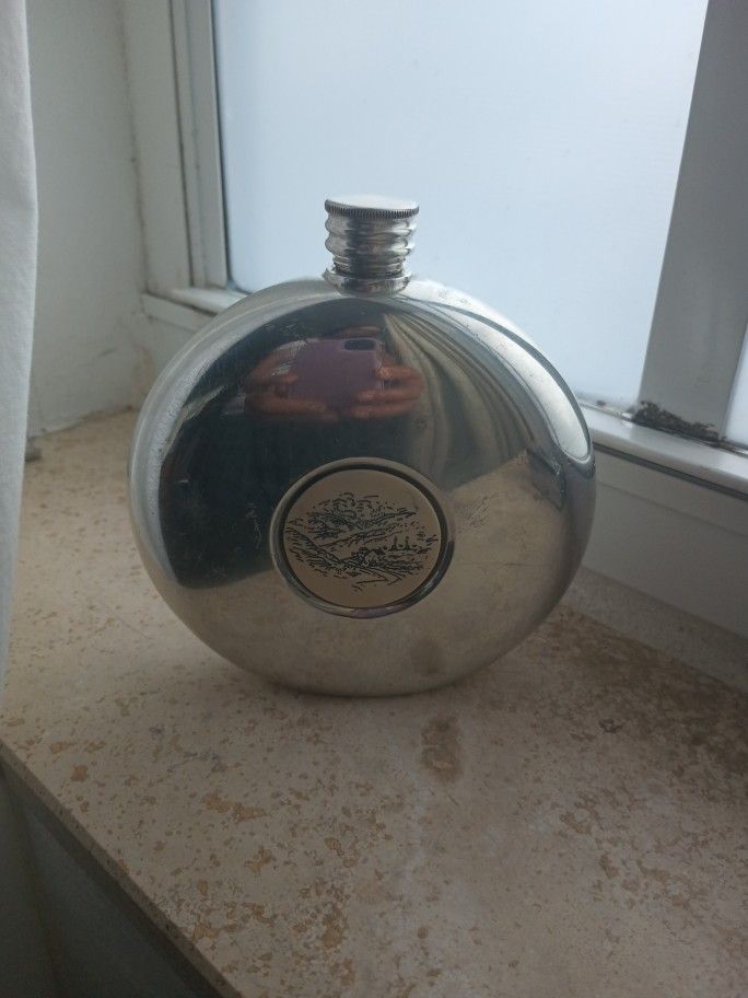 English Sheffield Pewter Flask With Mountain Scene
