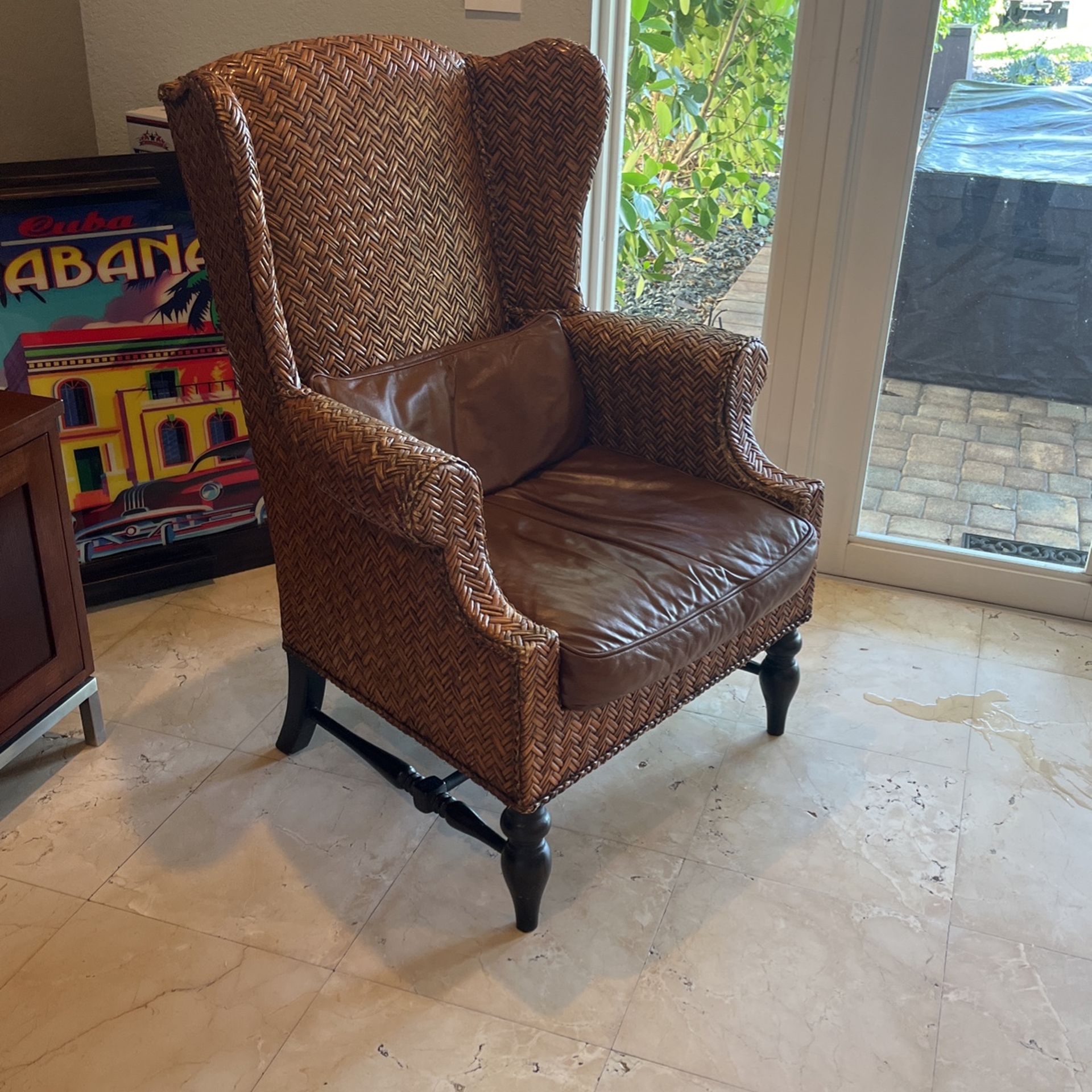 Wicker / Wood Wingback Chair With Leather Cushion 