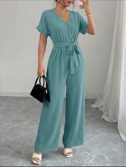 Large Women's Layered Ruffle Cap Sleeve Notched V Neck Belted Jumpsuit Pants