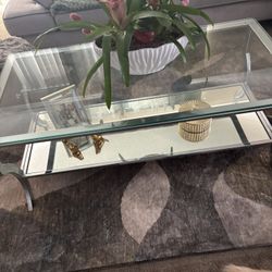 Glass Coffee Table, Starburst Mirror, 2 Modern Lamps