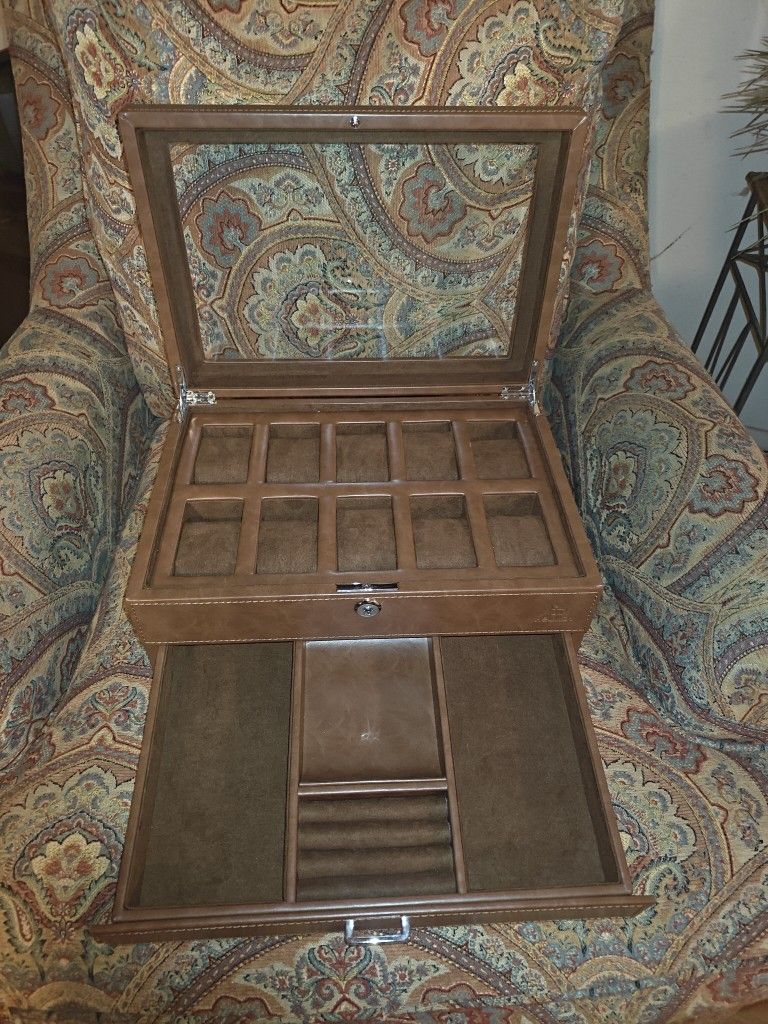 Luxury Leather Watch & Jewelry 2 Layer Display Case with Lock