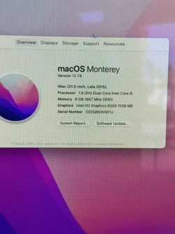 Apple iMac computer A1418 24” screen , Intel core i5, Ram 8gb, Drive 1Tb , Monterey OS. It has a crack near to the camera
