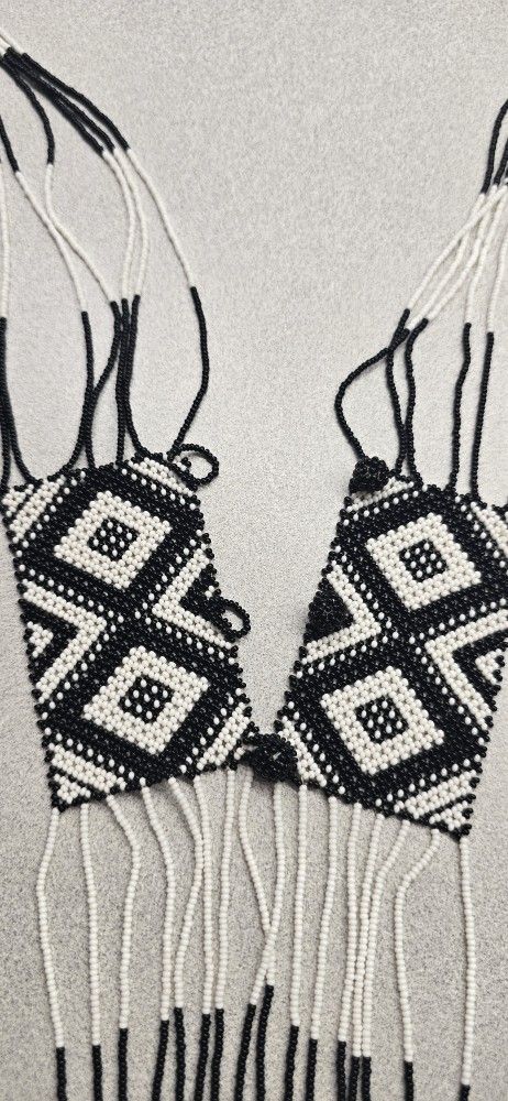 Handmade Beaded Necklace Black White Geometric Tribal Long Fringe