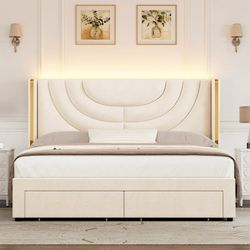 Full Size LED Bed Frame with 2 Drawer Storage, Wingback Platform Bed with Velvet Upholstered Headboard, Off-White
