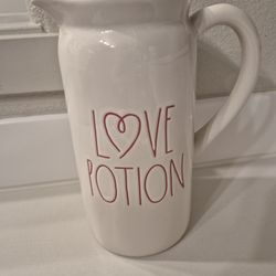 Rae Dunn LOVE POTION Ceramic Double-sided Pitcher 9" H Reverse side has recipe for love Ivory with Red LL Letters Valentine's Day