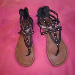 Black Leather Sandals With Stones On Them