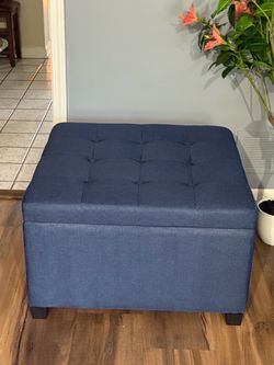 HOMCOM Blue Fabric Tufted Storage Ottoman