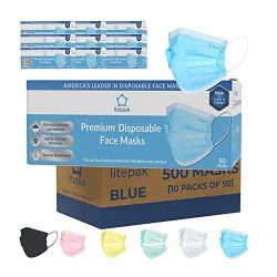 Box of 500, Litepak Blue Individually Wrapped Face Masks.