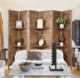 Room Divider with Shelves, 6 Panel Brown Privacy Screen Partition Room Dividers and Folding Privacy Screens, Temporary Wall Divider, Room Divider Pane