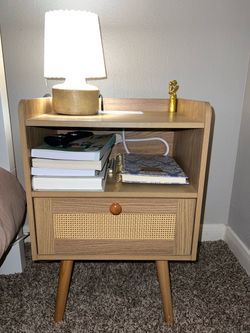 PAIR Mid-Century Nightstand with Rattan Drawer
