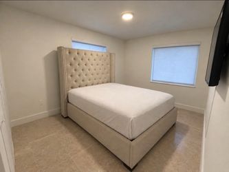 Queen Bed Frame with Velvet Tufted Headboard